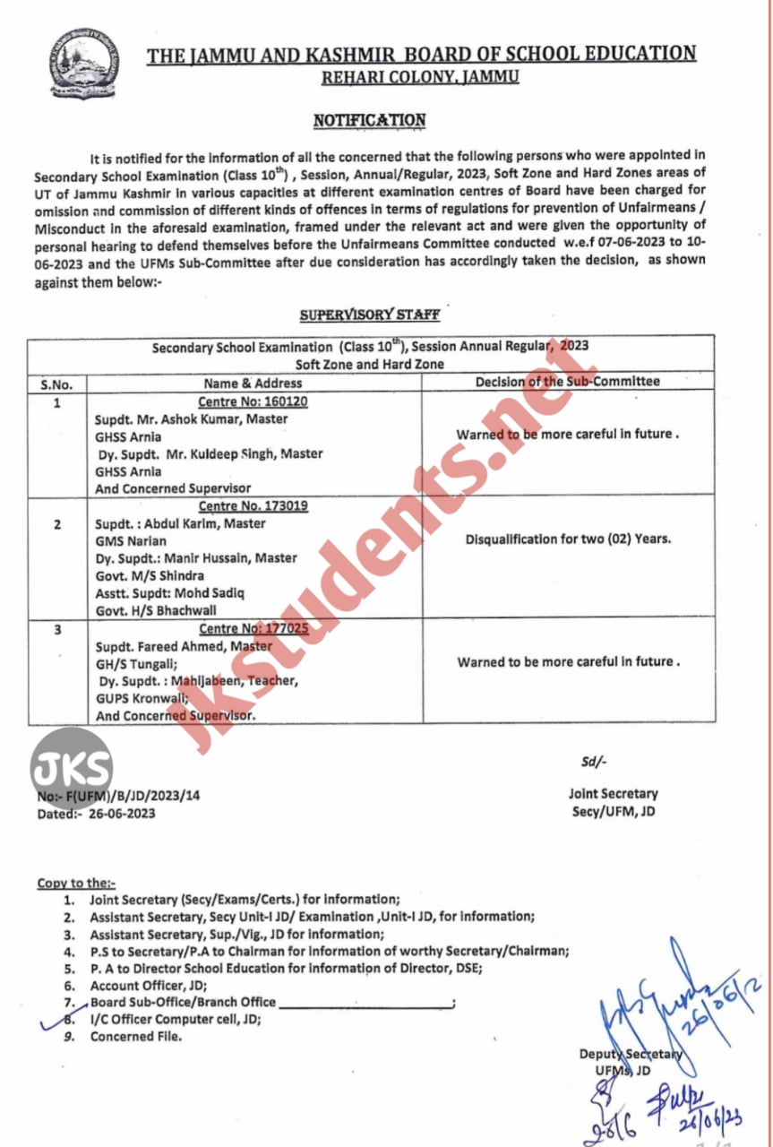 UFM notification regarding persons appointed in JKBOSE Class 10th Examination 2023 2 UFM notification regarding persons appointed in JKBOSE Class 10th Examination 2023