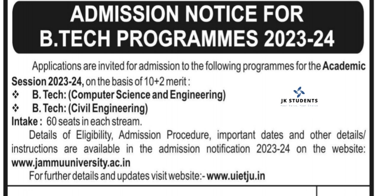 Admission for B.Tech Programmes for the Academic Session 2023-24, UIET Kathua 1 Admission for B.Tech Programmes for the Academic Session 2023-24, UIET Kathua