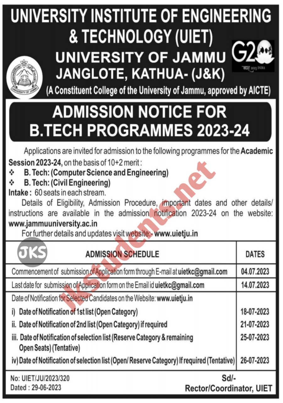 Admission for B.Tech Programmes for the Academic Session 2023-24, UIET Kathua 2 Admission for B.Tech Programmes for the Academic Session 2023-24, UIET Kathua