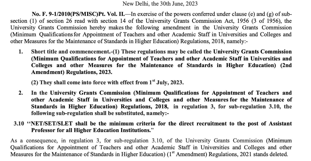 NET/SET/SLET minimum criteria for direct recruitment of Assistant Professors: UGC 1 NET/SET/SLET minimum criteria for direct recruitment of Assistant Professors: UGC