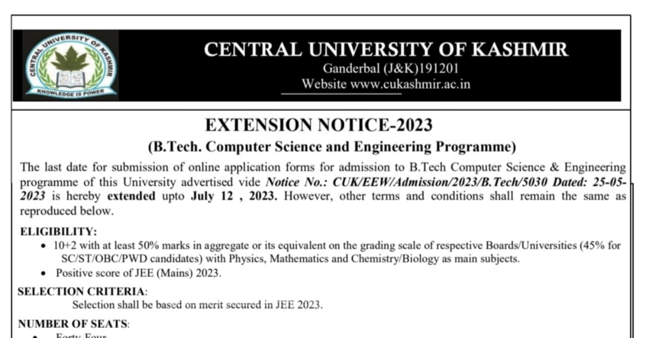 Extension Notice For Admissions to B Tech CSE 1 Extension Notice For Admissions to B Tech CSE