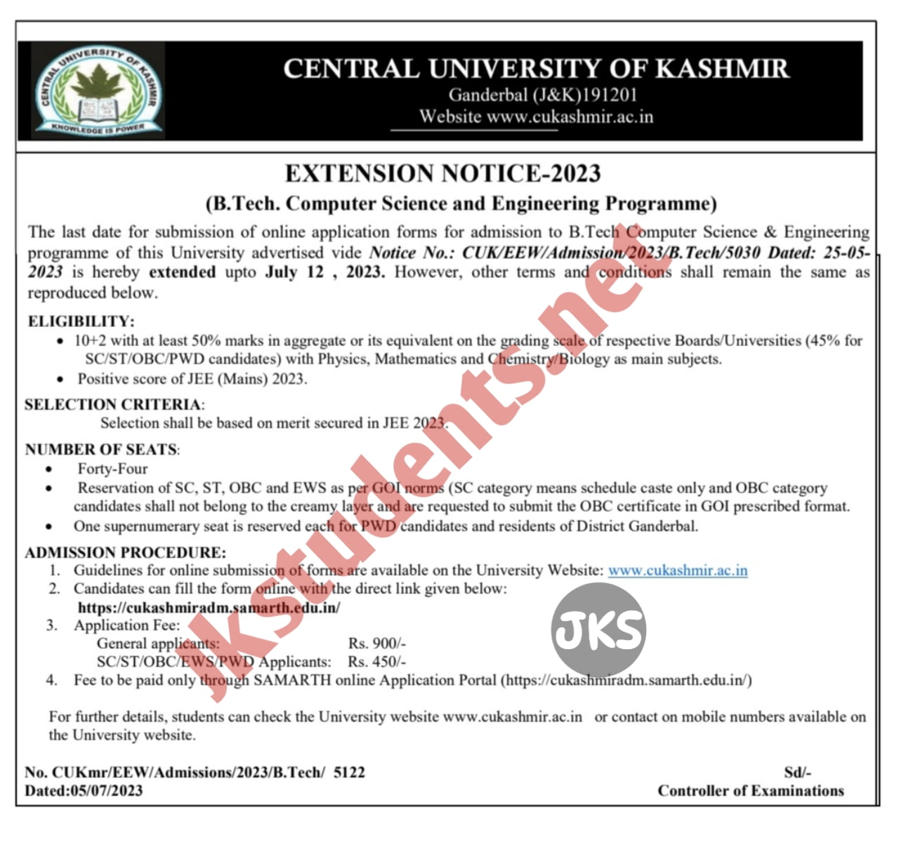 Extension Notice For Admissions to B Tech CSE 2 Extension Notice For Admissions to B Tech CSE