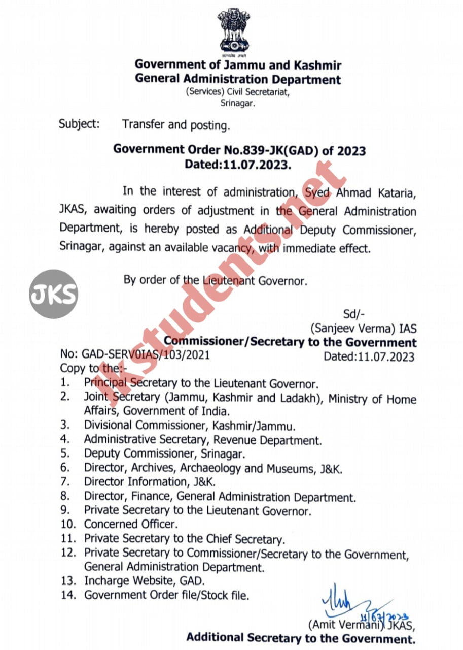 Syed Ahmad Kataria posted as ADC Srinagar 2 Syed Ahmad Kataria posted as ADC Srinagar