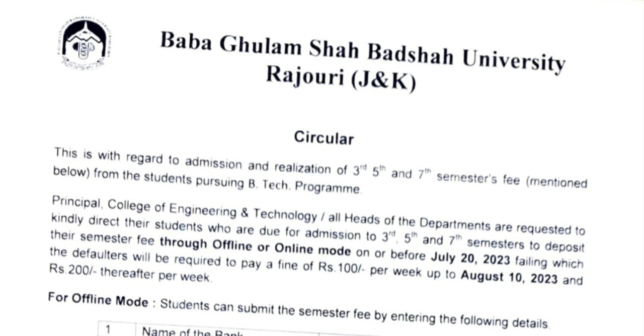 BGSBU Notification Regarding Semester Fee for B.Tech. Programme Odd Semester, June-Dec,2023 1 BGSBU Notification Regarding Semester Fee for B.Tech. Programme Odd Semester, June-Dec,2023
