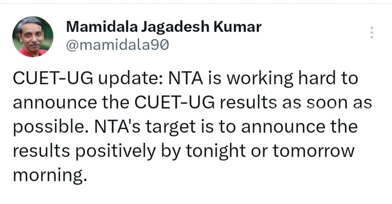 CUET Result 2023: CUET UG 2023 scorecard likely to be released tonight, says Jagadesh Kumar 1 NTA will announce the CUET UG 2023 result by tonight or tomorrow morning," said UGC Chairman M Jagadesh Kumar