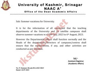 Kashmir University Announces Summer Vacations for Main and Satellite Campuses from 28 July 2023