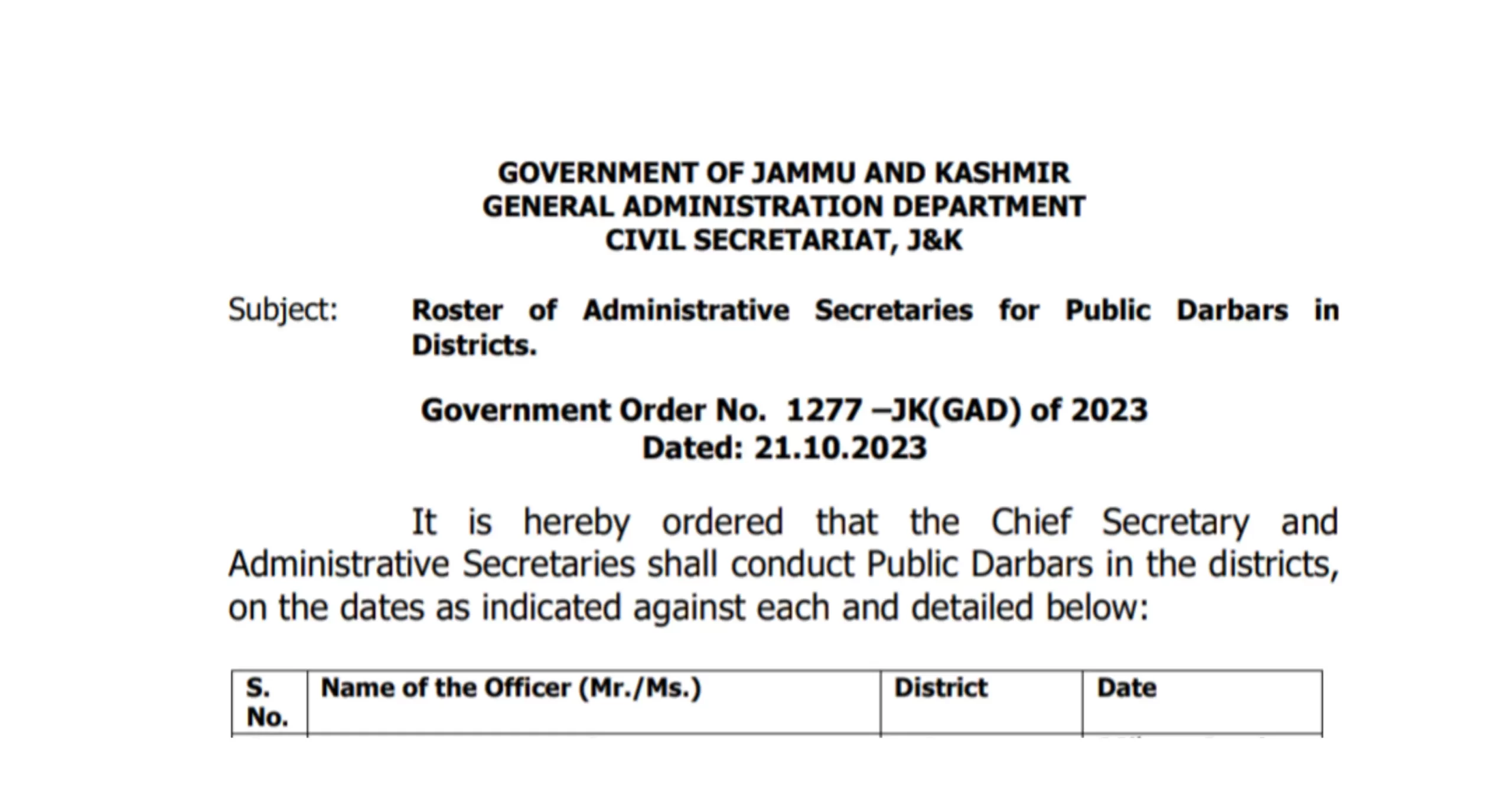 J&K Govt Notifies Roster of Administrative Secretaries for Public Darbars in all Districts of Jammu and Kashmir