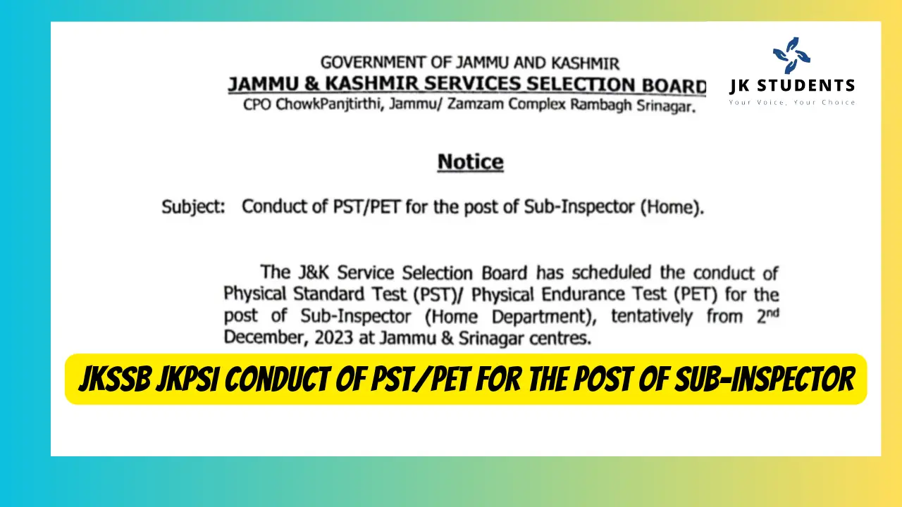 JKSSB JKPSI Conduct of PST/PET for the post of Sub-Inspector