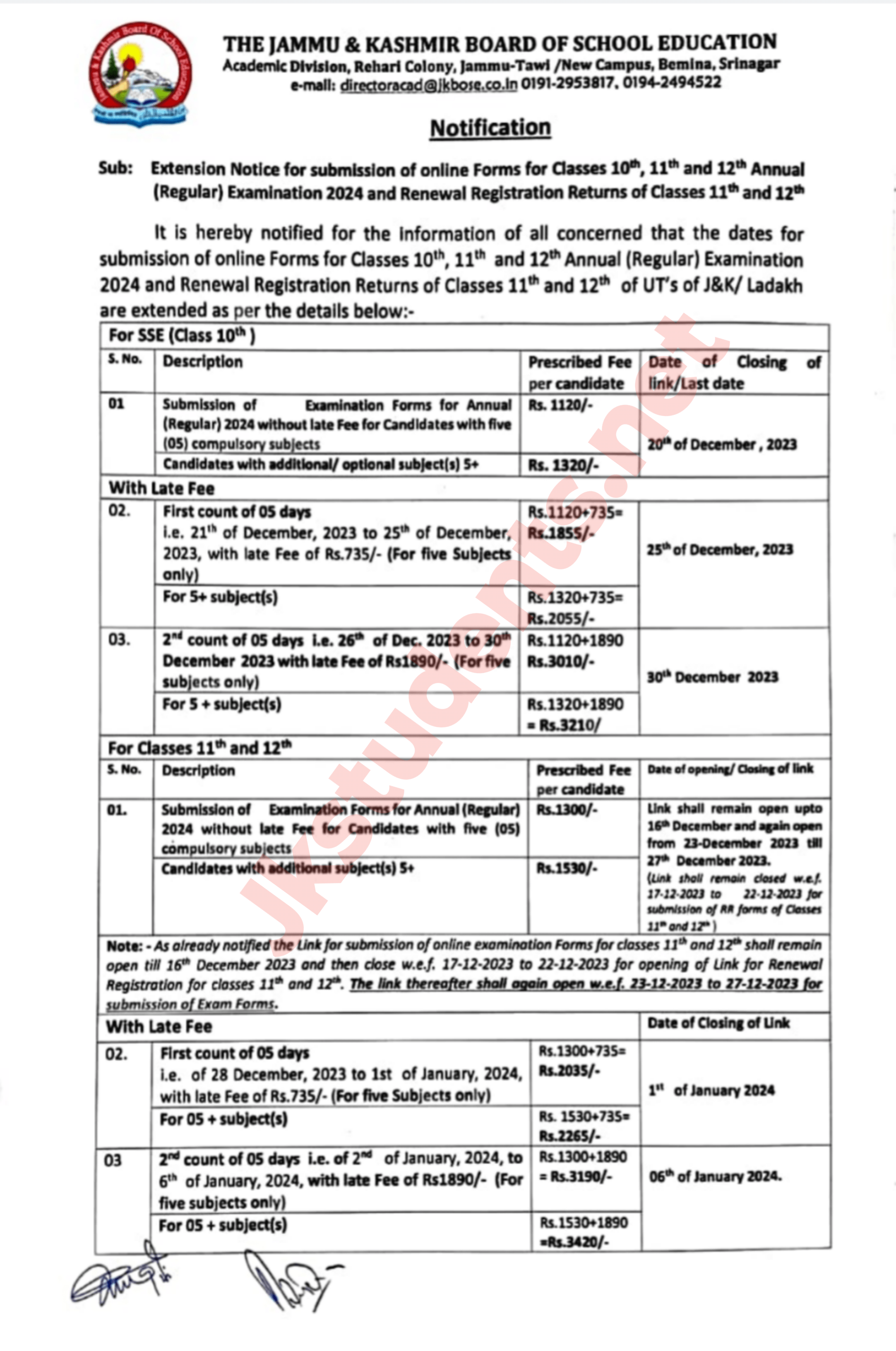 JKBOSE Extension Notice for submission of online forms for Classes 10th, 11th and 12th Annual (Regular) Examination 2024 and Renewal Registration Returns of Class 11th and 12th of U.T of J&K and U.T of Ladakh
