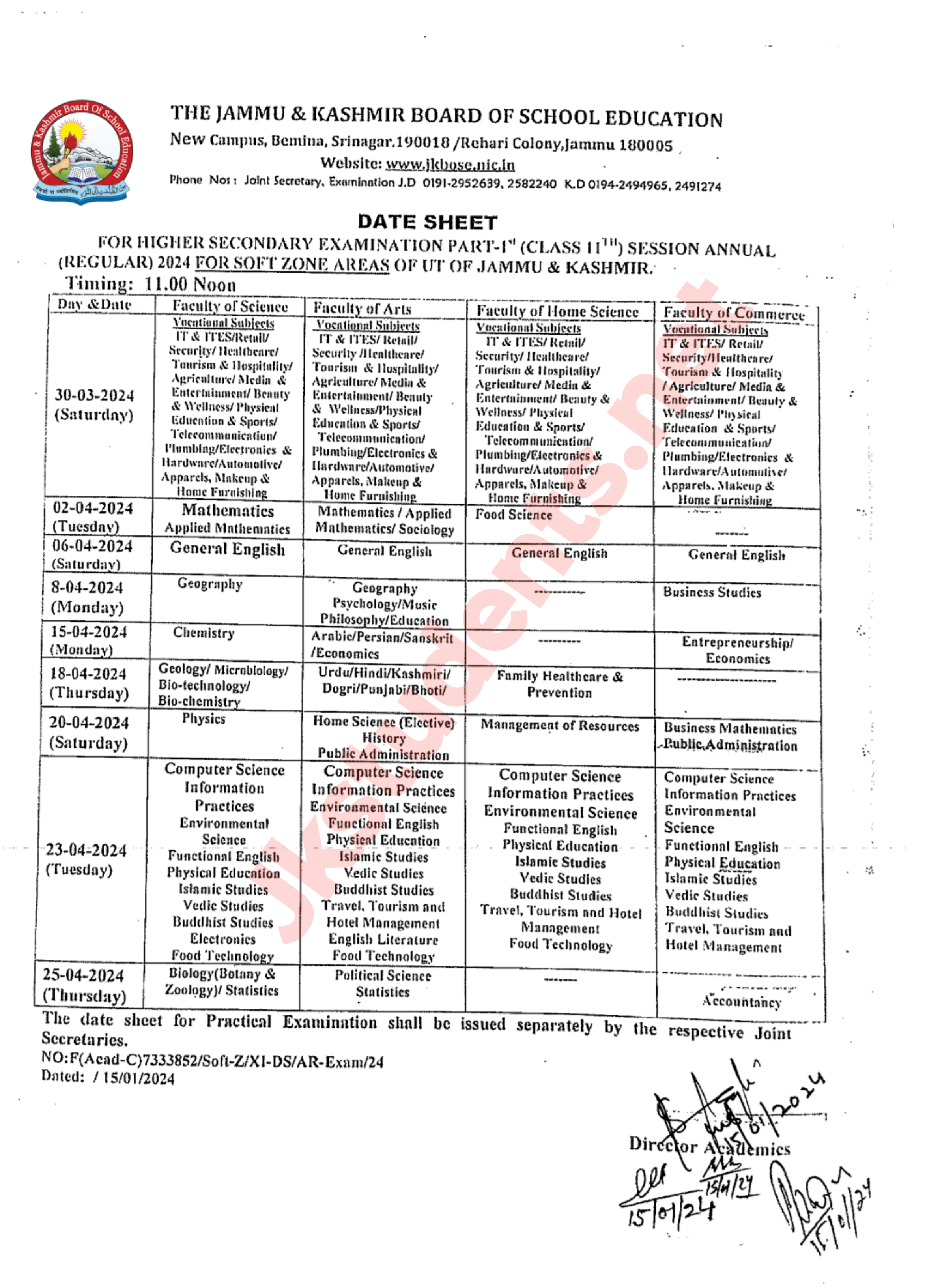 JKBOSE Class 11th Datesheet 2024 Released, Download PDF