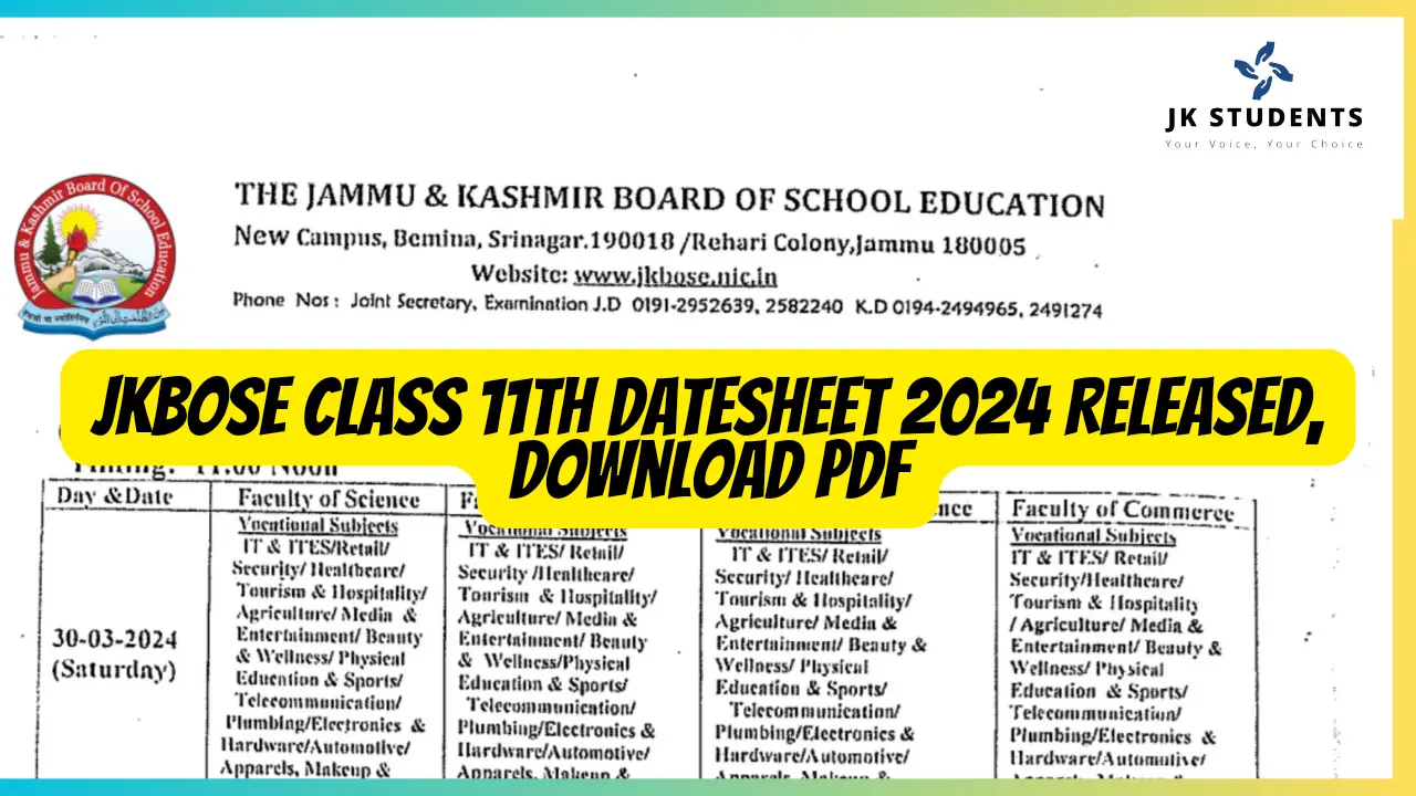 JKBOSE Class 11th Datesheet 2024 Released, Download PDF