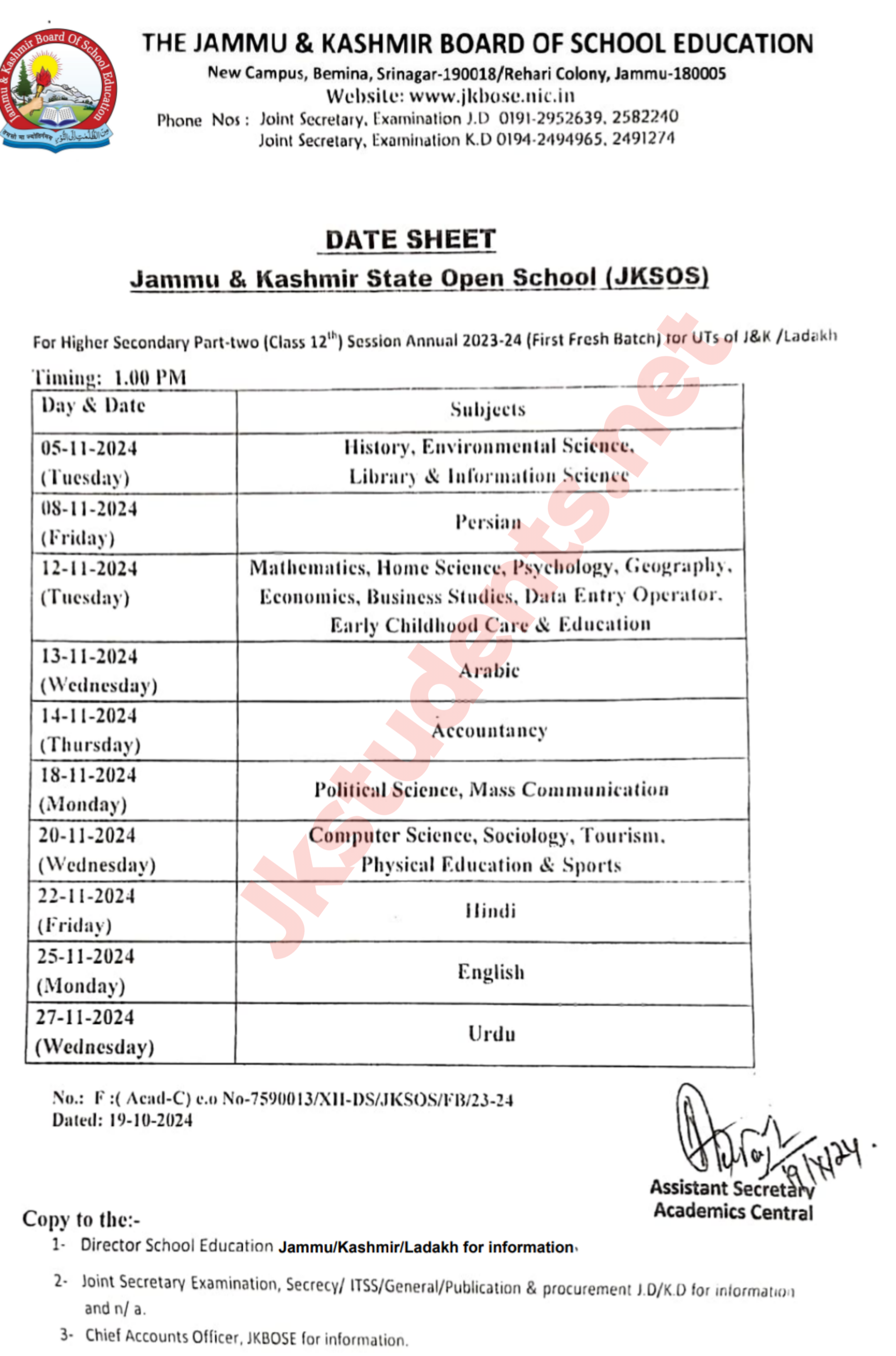 JKBOSE Datesheet of JKSOS for Higher Secondary School Part-II Examination (12th Class) Session Annual 2023-24