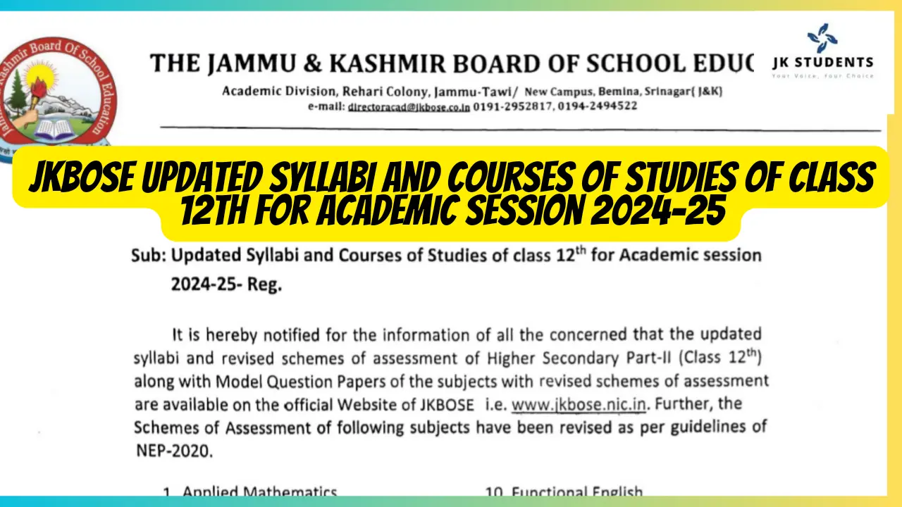 JKBOSE Updated Syllabi and Courses of Studies of class 12th for Academic session 2024-25