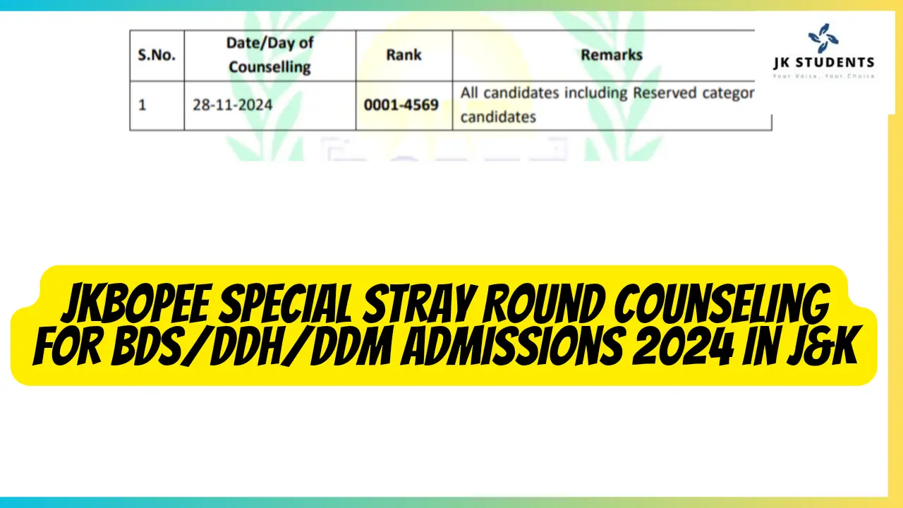 JKBOPEE Special Stray Round Counseling for BDS/DDH/DDM Admissions 2024 in J&K