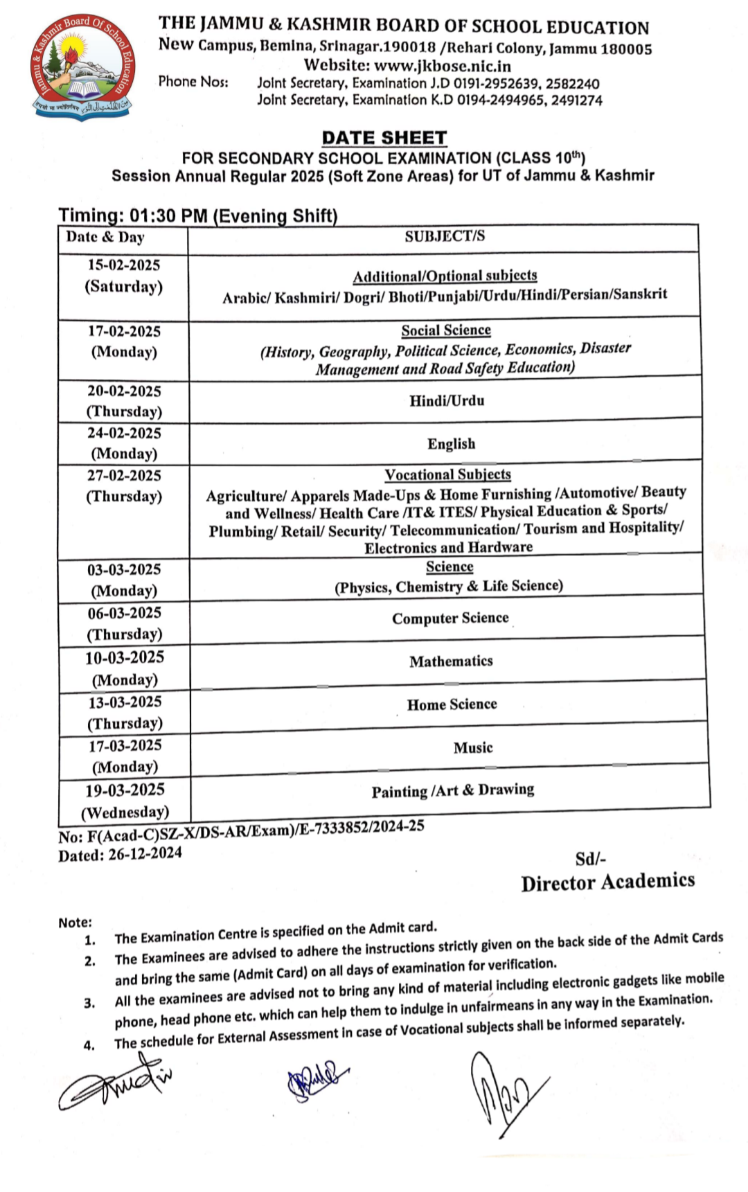 JKBOSE released Class 10th Date Sheet for Annual Regular Exams 2025 (Soft Zone Areas)