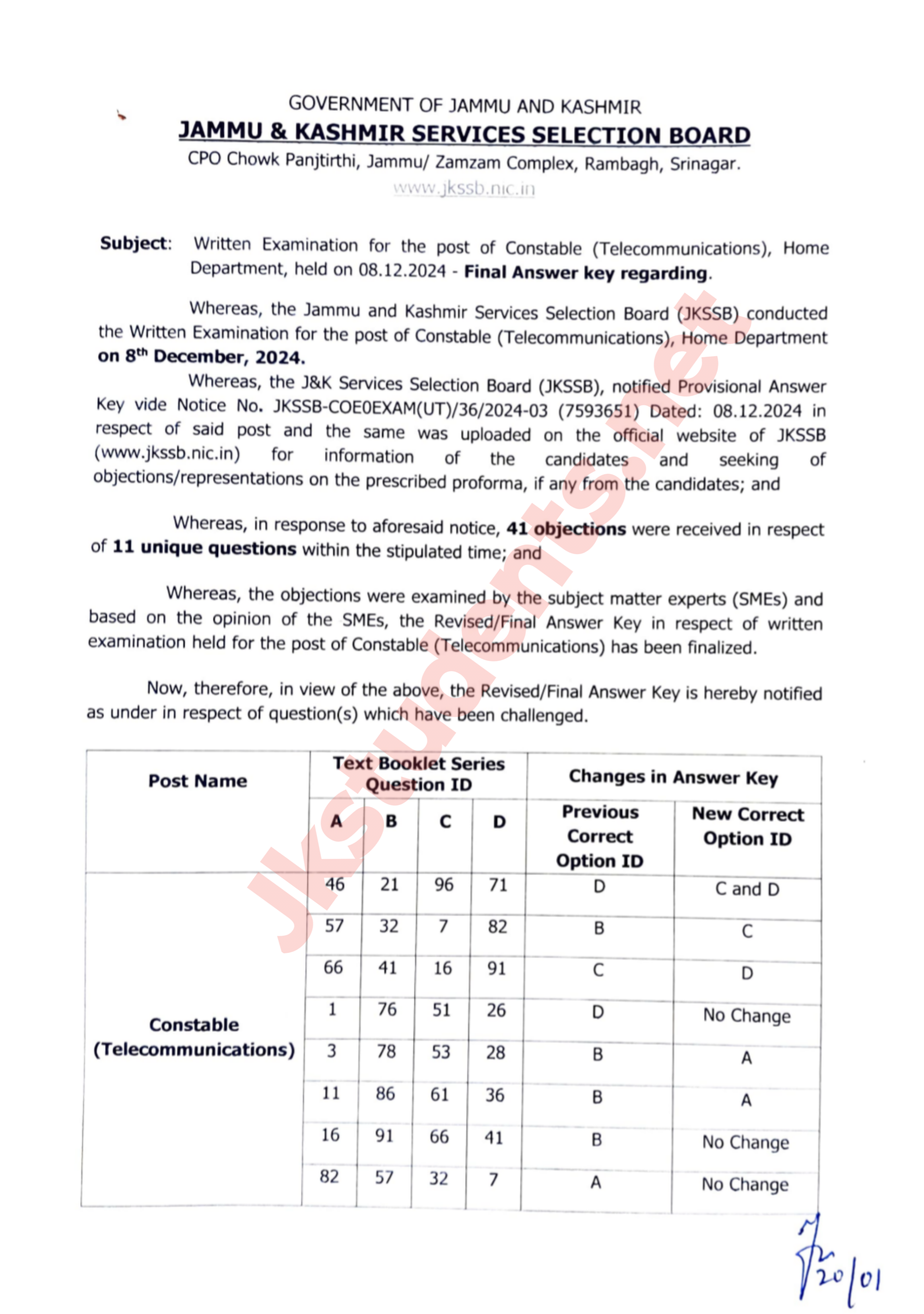 JKSSB Final Answer Key Released for the Written Examination of Constable (Telecommunications), Home Department