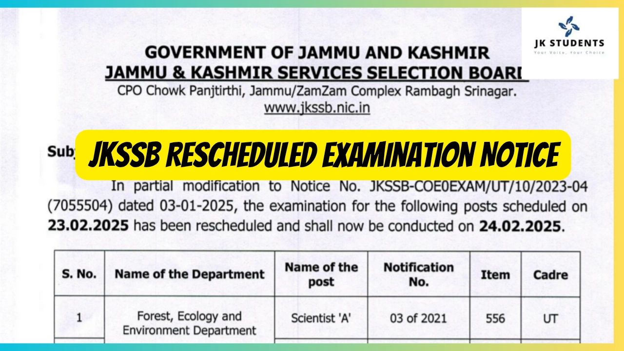 JKSSB Rescheduled Examination Notice