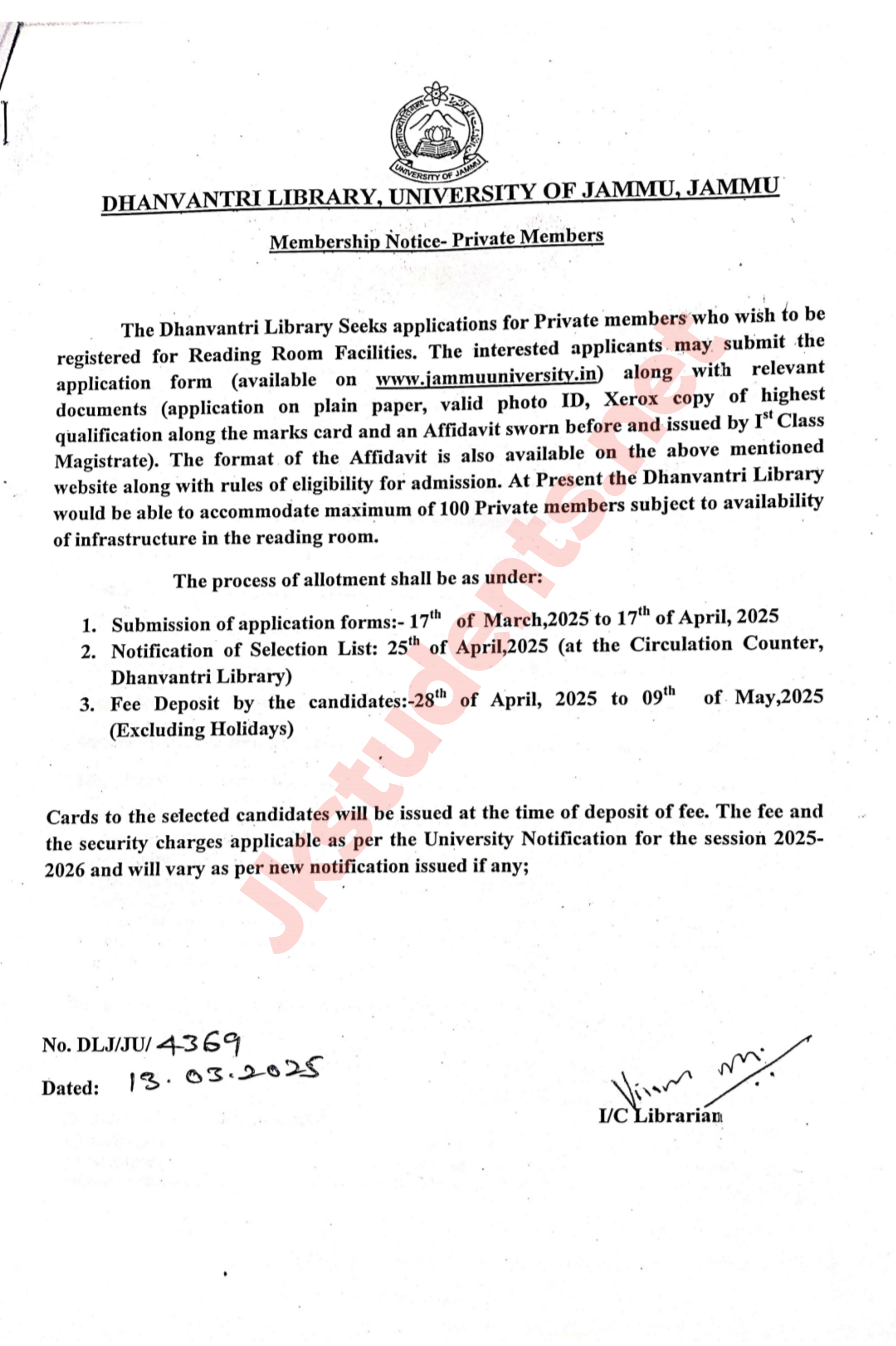 Dhanvantri Library, University of Jammu Invites Applications for Private Membership