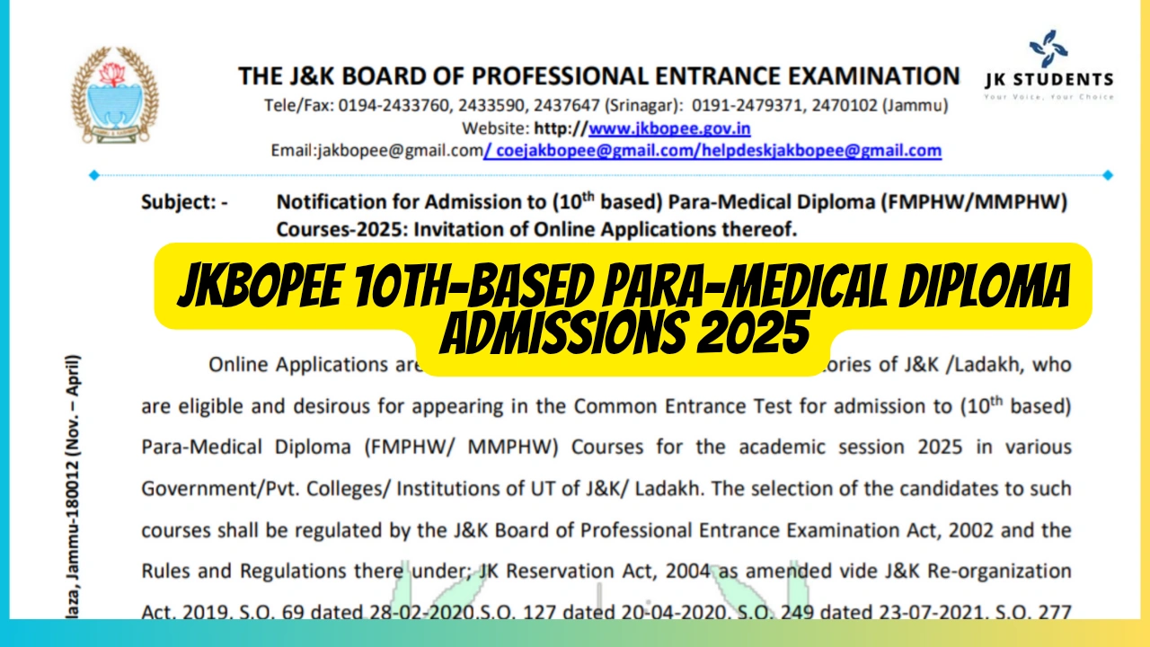 JKBOPEE 10th-Based Para-Medical Diploma Admissions 2025